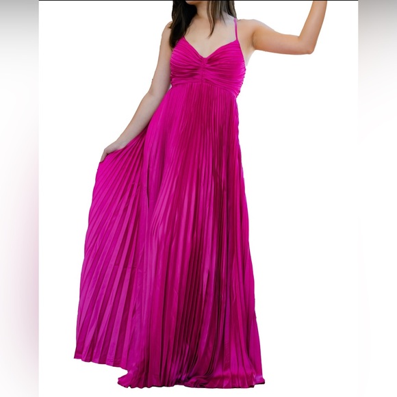 Satin Pleated Maxi Dress - Fuchsia - Picture 1 of 4